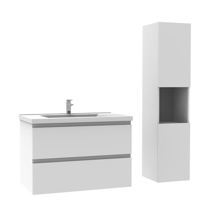 Ensemble de salle de bain 60 cm suspendu : meuble sous-vasque + vasque + colonne – vue produit et dimensions