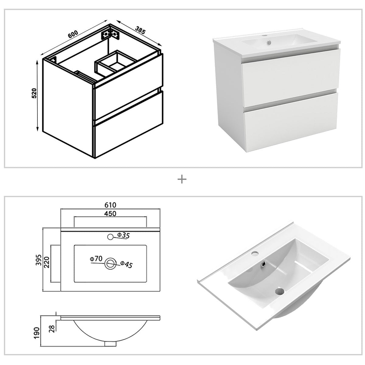 Ensemble de salle de bain 60 cm suspendu : meuble sous-vasque + vasque + colonne – vue produit et dimensions