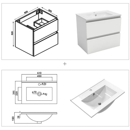 Ensemble de salle de bain 60 cm suspendu : meuble sous-vasque + vasque + colonne – vue produit et dimensions
