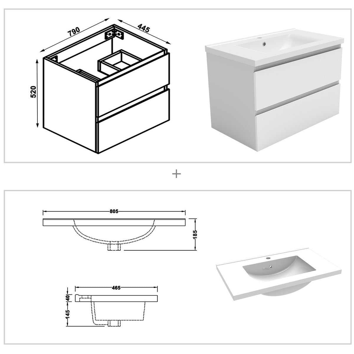 Meuble sous-vasque suspendu 80 cm avec vasque en céramique – vue produit et dimensions