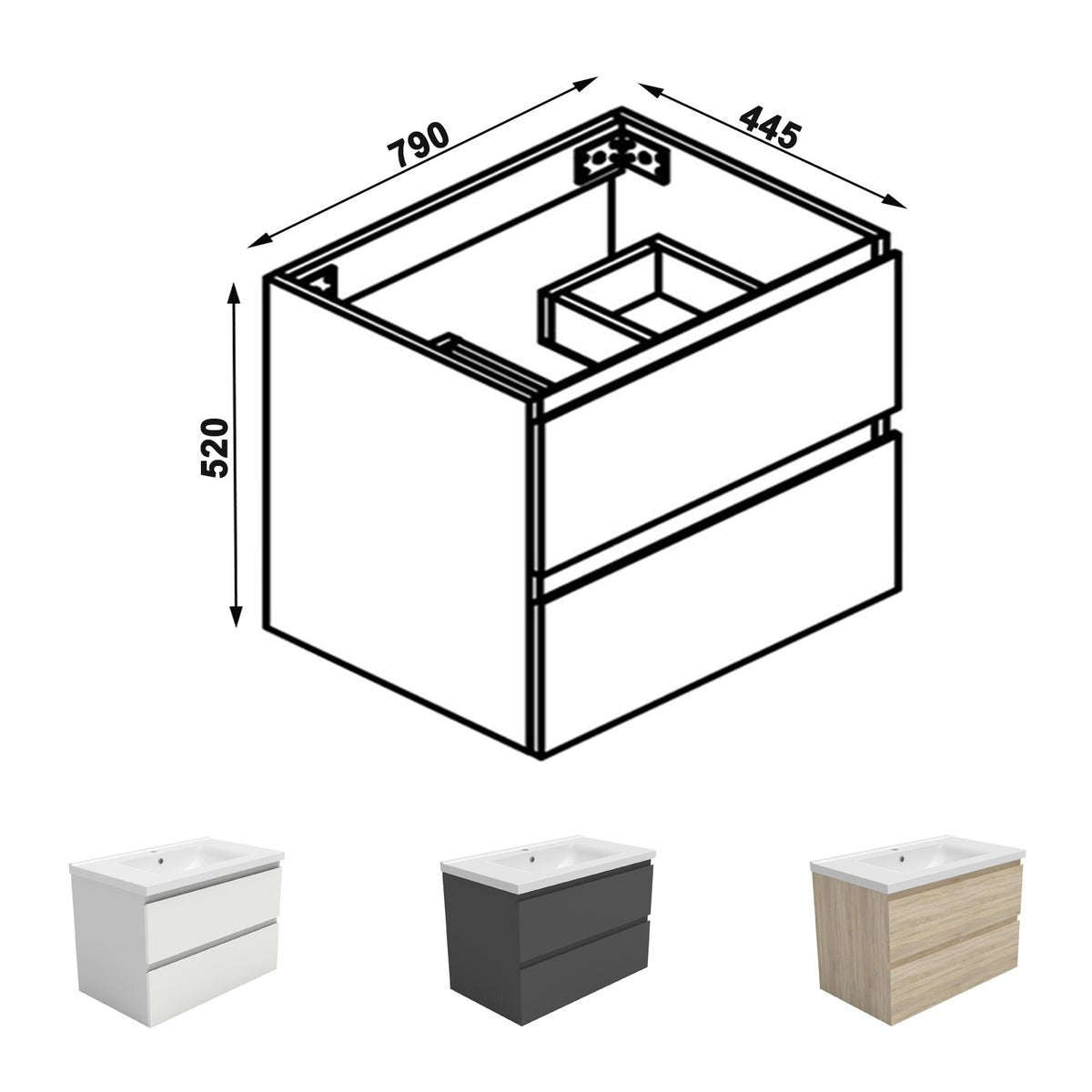 Meuble sous-vasque suspendu 80 cm avec vasque en céramique – vue produit et dimensions