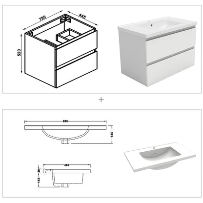Ensemble de salle de bain 80 cm suspendu : meuble sous-vasque + vasque + colonne – vue produit et dimensions