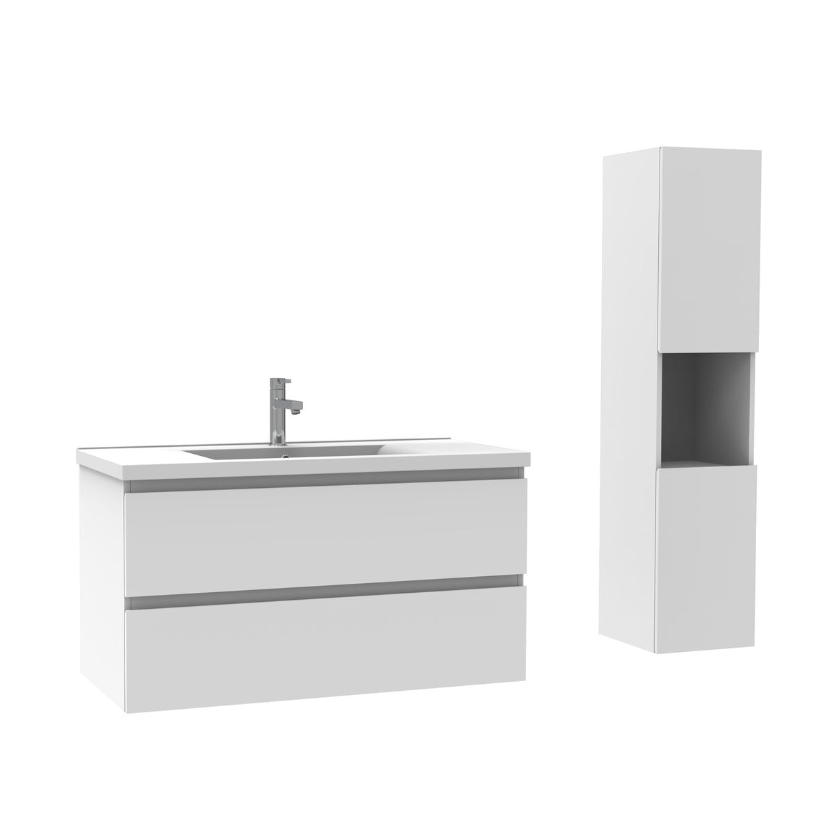 Ensemble de salle de bain 100 cm suspendu : meuble sous-vasque + vasque + colonne – vue produit et dimensions