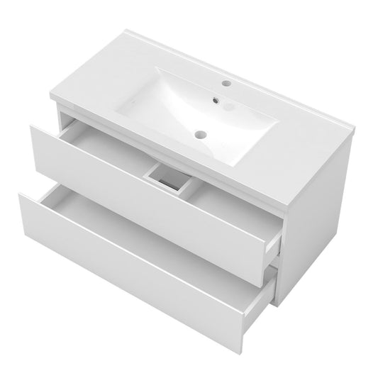 Ensemble de salle de bain 100 cm suspendu : meuble sous-vasque + vasque + colonne – vue produit et dimensions