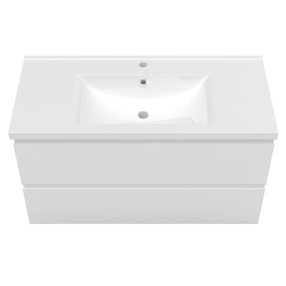 Ensemble de salle de bain 100 cm suspendu : meuble sous-vasque + vasque + colonne – vue produit et dimensions