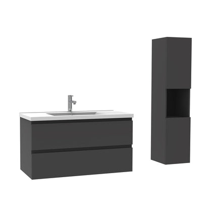 Ensemble de salle de bain 100 cm suspendu : meuble sous-vasque + vasque + colonne – vue produit et dimensions