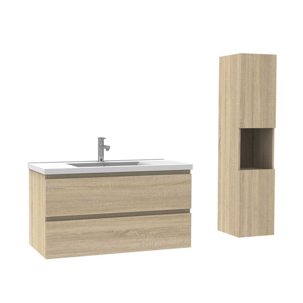 Ensemble de salle de bain 100 cm suspendu : meuble sous-vasque + vasque + colonne – vue produit et dimensions