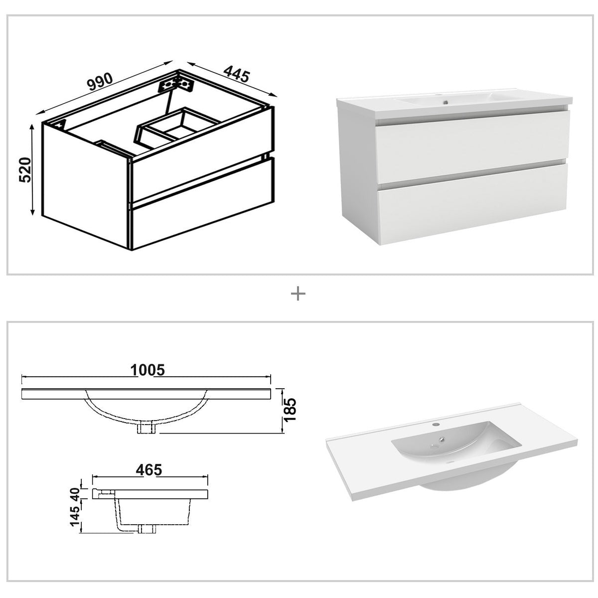 Ensemble de salle de bain 100 cm suspendu : meuble sous-vasque + vasque + colonne – vue produit et dimensions