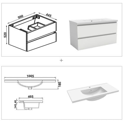 Ensemble de salle de bain 100 cm suspendu : meuble sous-vasque + vasque + colonne – vue produit et dimensions