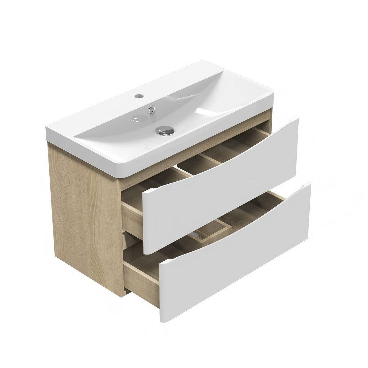 Meuble sous-vasque suspendu avec vasque en résine – vue produit et dimensions