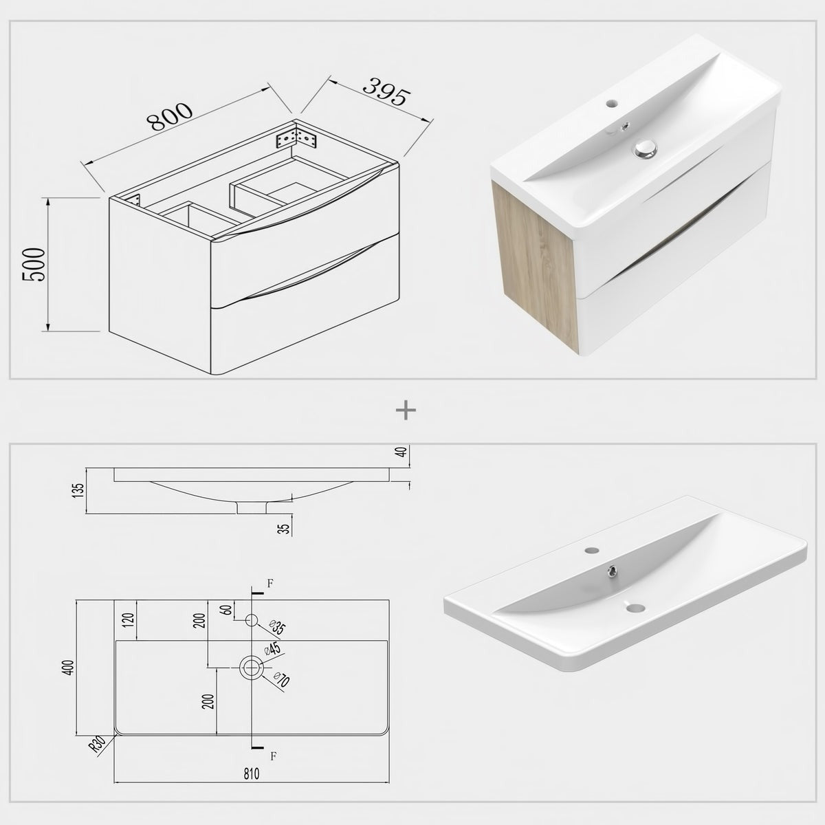 Meuble sous-vasque suspendu avec vasque en résine – dans une salle de bain