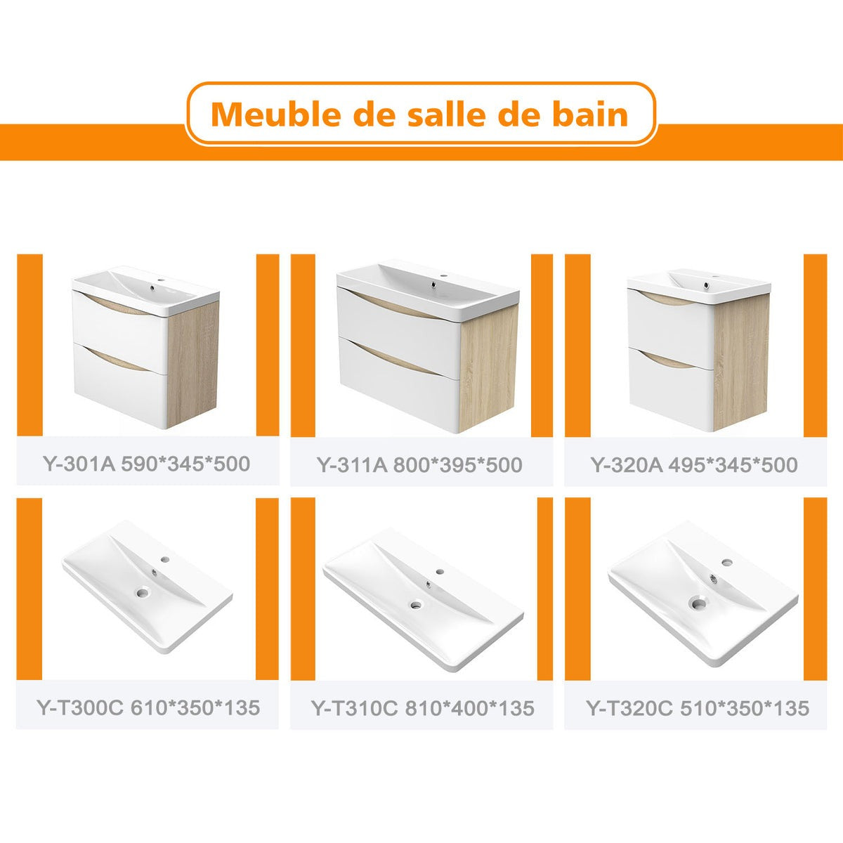 Meuble sous-vasque suspendu avec vasque en résine – vue produit et dimensions