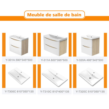 Meuble sous-vasque suspendu avec vasque en résine – vue produit et dimensions