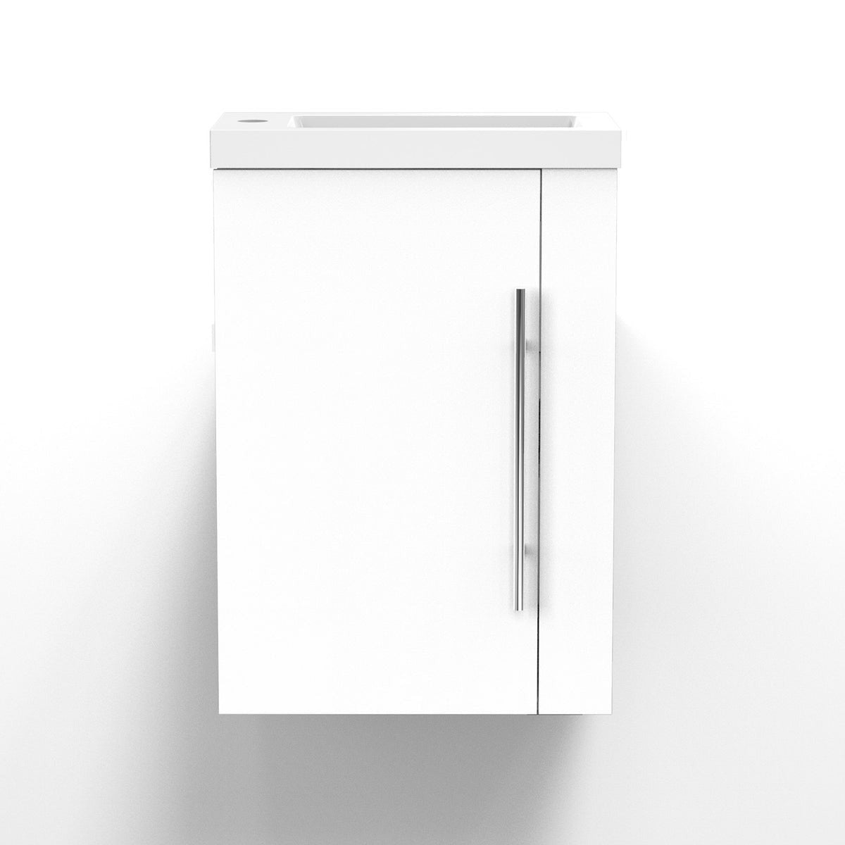 Meuble sous-vasque suspendu 44 cm avec vasque en résine, fermeture douce – vue produit et dimensions