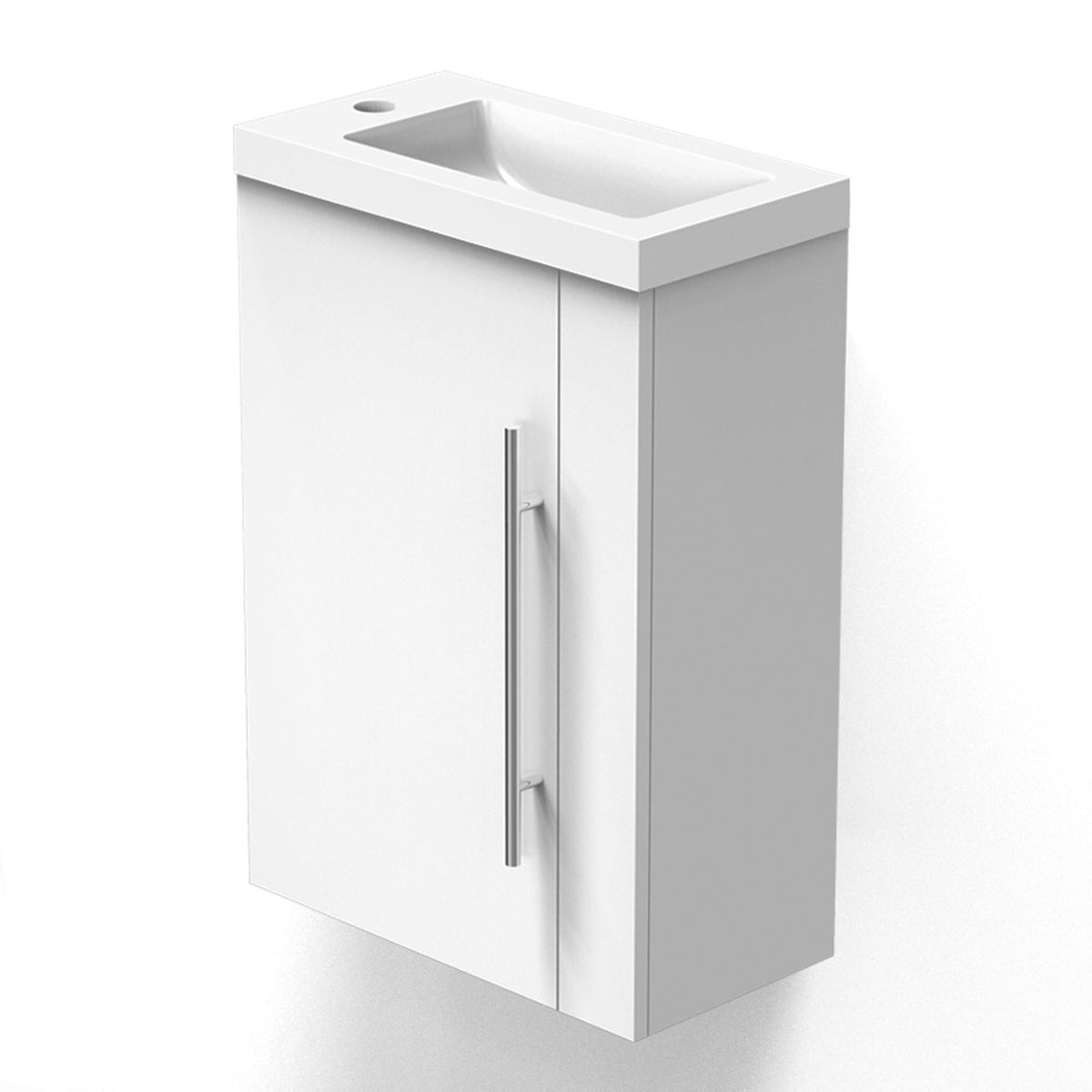 Meuble sous-vasque suspendu 44 cm avec vasque en résine, fermeture douce – vue produit et dimensions