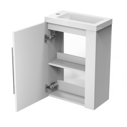 Meuble sous-vasque suspendu 44 cm avec vasque en résine, fermeture douce – vue produit et dimensions