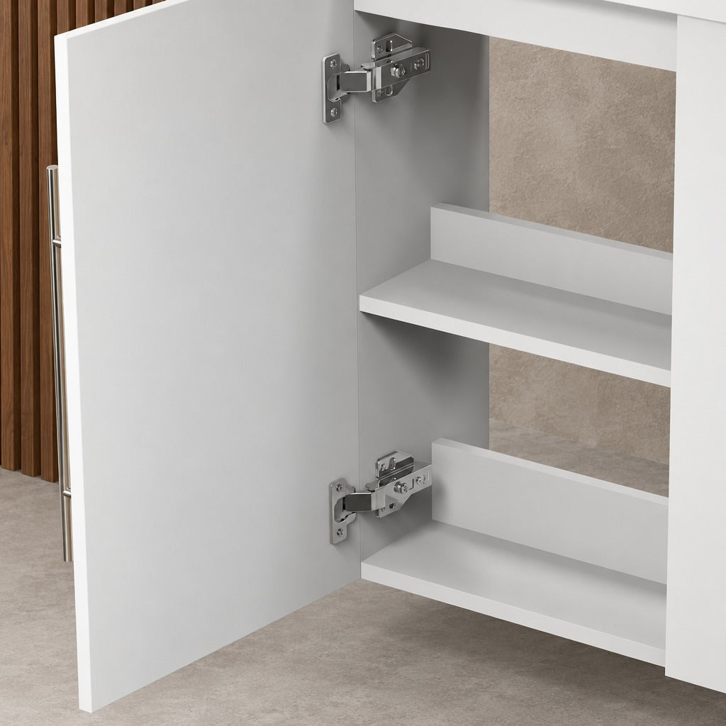 Meuble sous-vasque suspendu 44 cm avec vasque en résine, fermeture douce – dans une salle de bain