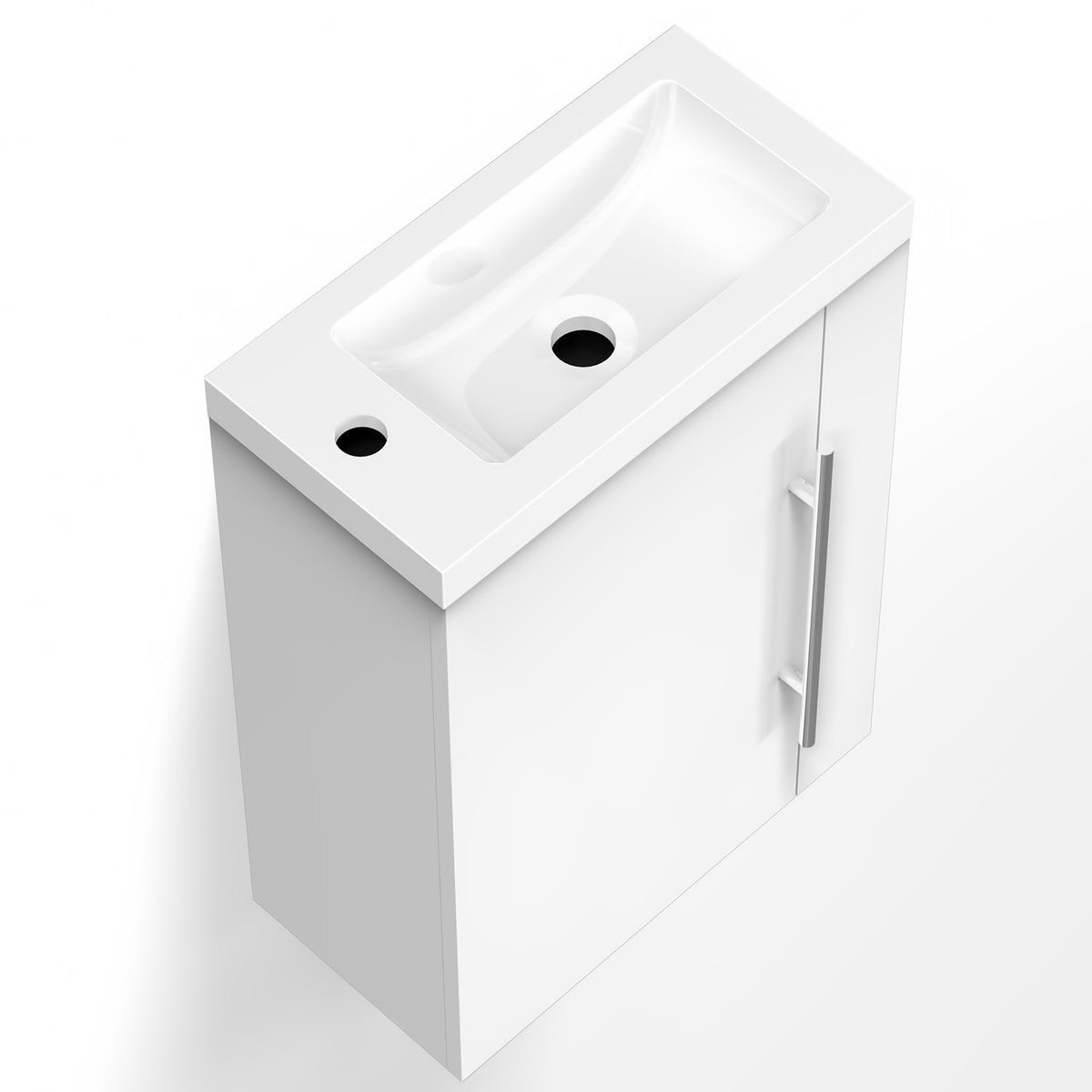 Meuble sous-vasque suspendu 44 cm avec vasque en résine, fermeture douce – vue produit et dimensions