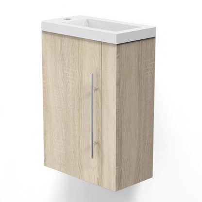 Meuble sous-vasque suspendu 44 cm avec vasque en résine, fermeture douce – vue produit et dimensions