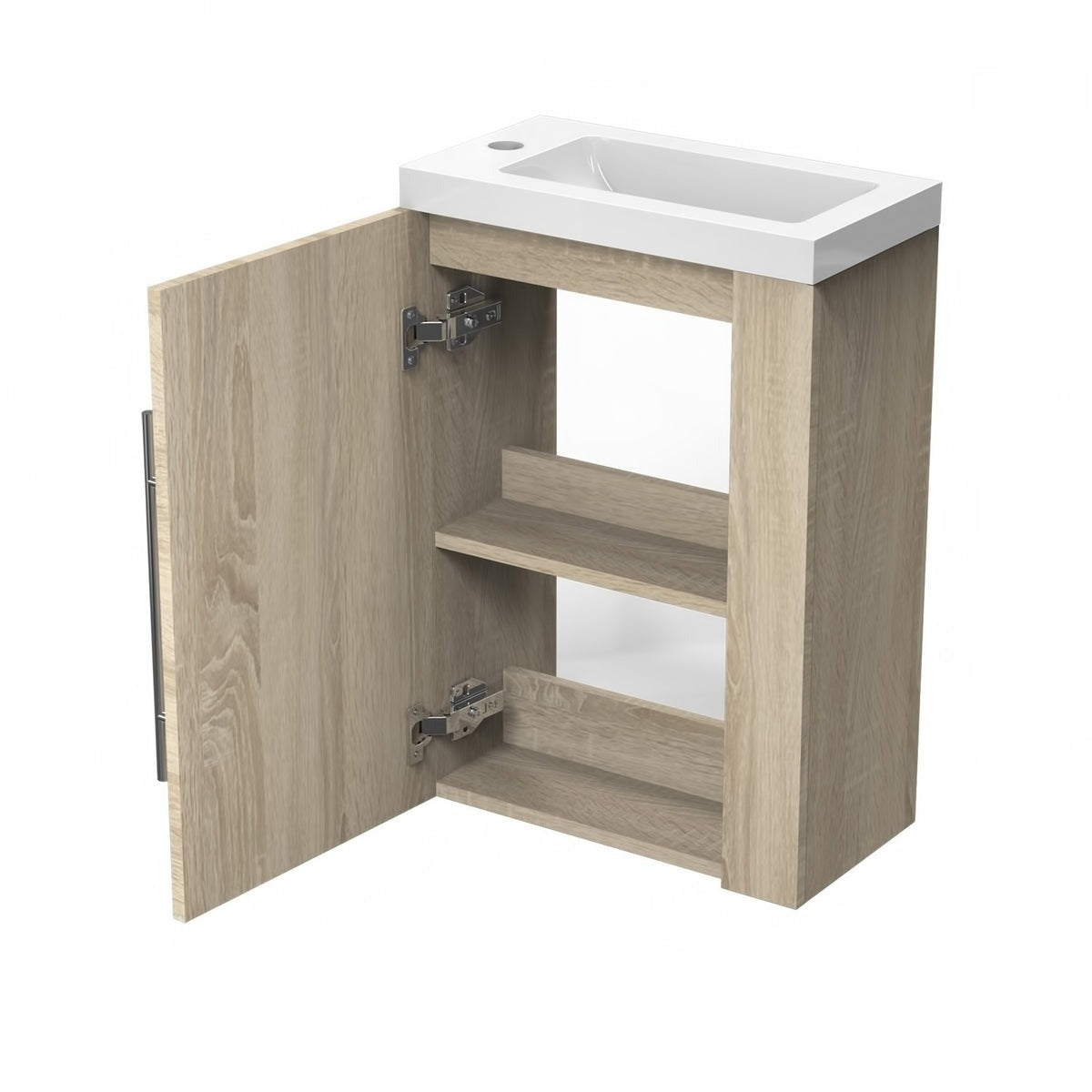 Meuble sous-vasque suspendu 44 cm avec vasque en résine, fermeture douce – vue produit et dimensions