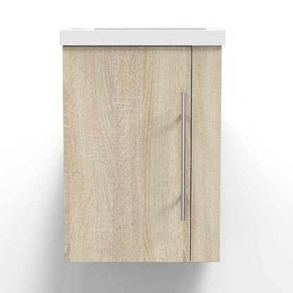 Meuble sous-vasque suspendu 44 cm avec vasque en résine, fermeture douce – vue produit et dimensions