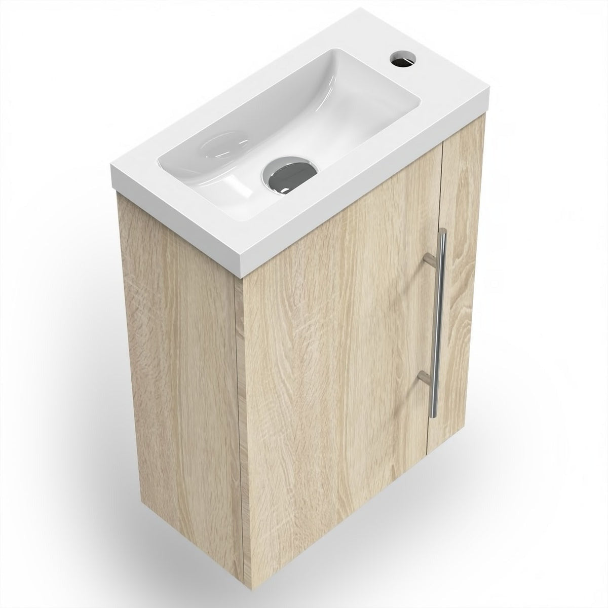 Meuble sous-vasque suspendu 44 cm avec vasque en résine, fermeture douce – vue produit et dimensions