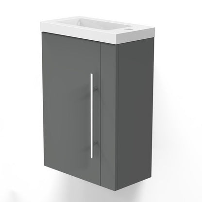 Meuble sous-vasque suspendu 44 cm avec vasque en résine, fermeture douce – vue produit et dimensions