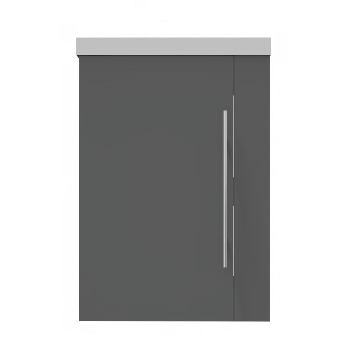 Meuble sous-vasque suspendu 44 cm avec vasque en résine, fermeture douce – vue produit et dimensions