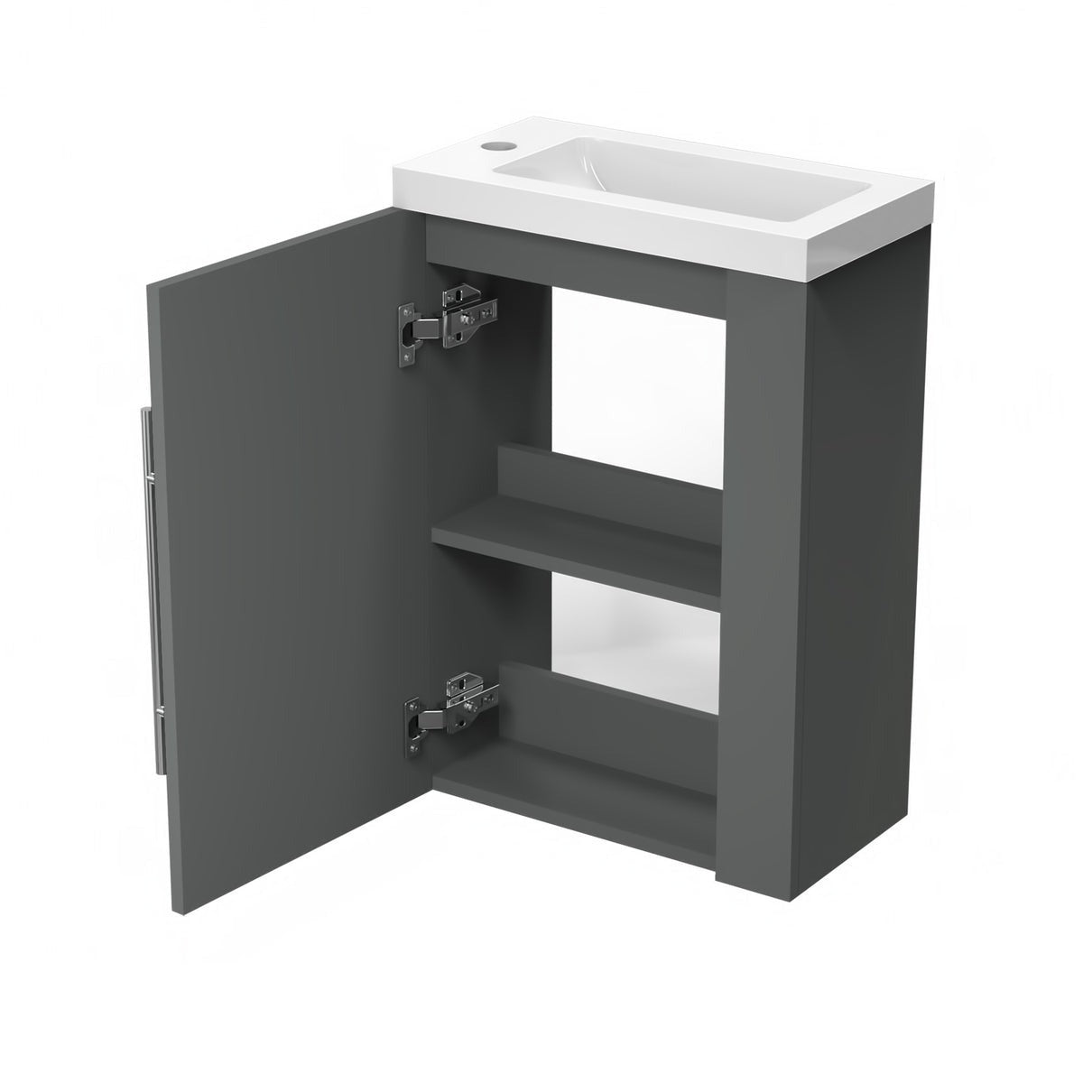 Meuble sous-vasque suspendu 44 cm avec vasque en résine, fermeture douce – vue produit et dimensions