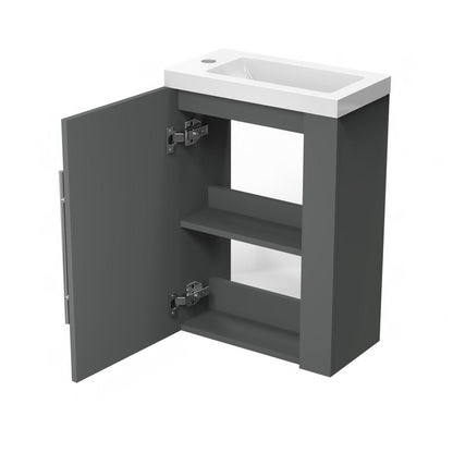 Meuble sous-vasque suspendu 44 cm avec vasque en résine, fermeture douce – vue produit et dimensions