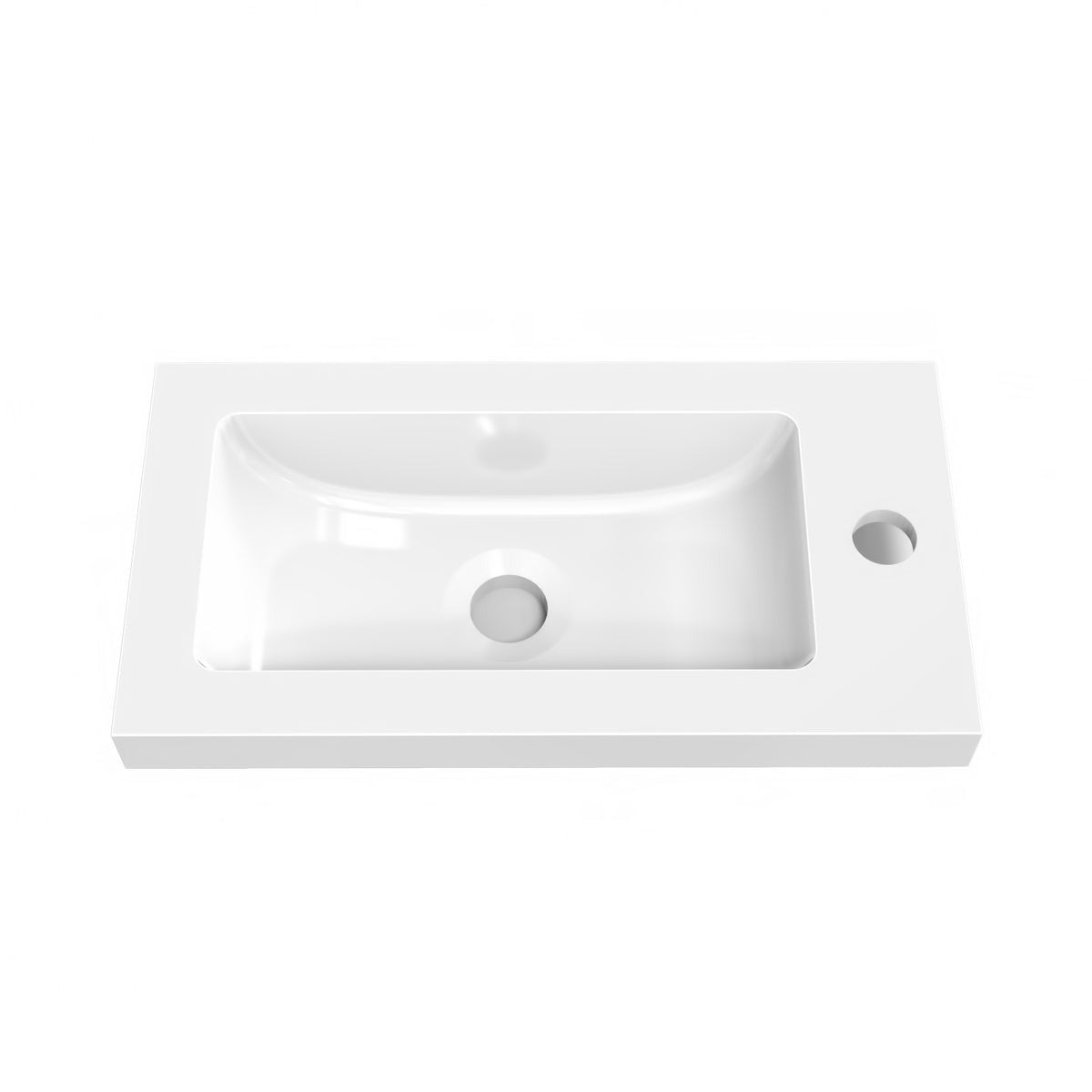 Meuble sous-vasque suspendu 44 cm avec vasque en résine, fermeture douce – vue produit et dimensions