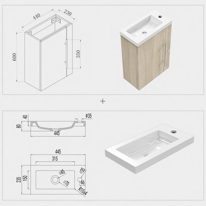 Meuble sous-vasque suspendu 44 cm avec vasque en résine, fermeture douce – dans une salle de bain