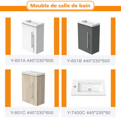Meuble sous-vasque suspendu 44 cm avec vasque en résine, fermeture douce – vue produit et dimensions