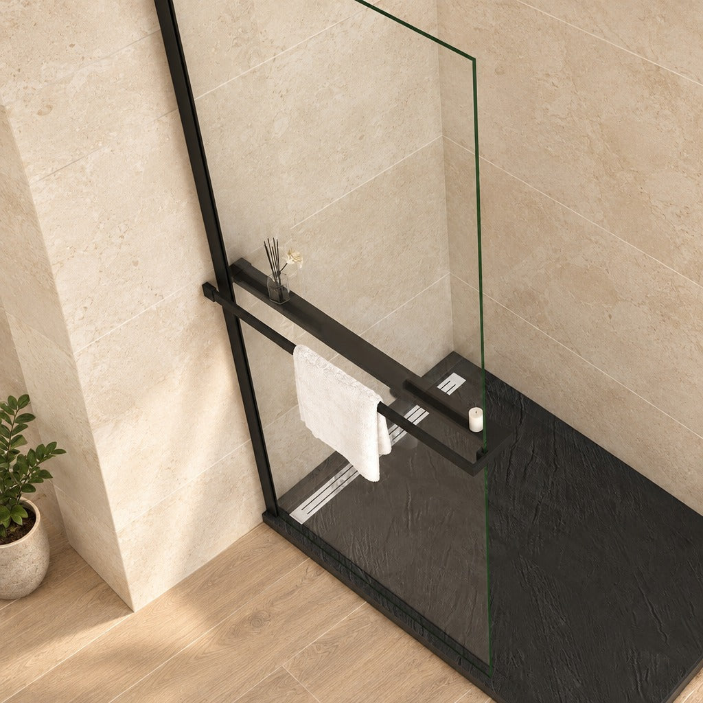 Étagère de douche avec porte-serviettes 2 en 1 pour paroi à – en situation dans une salle de bain