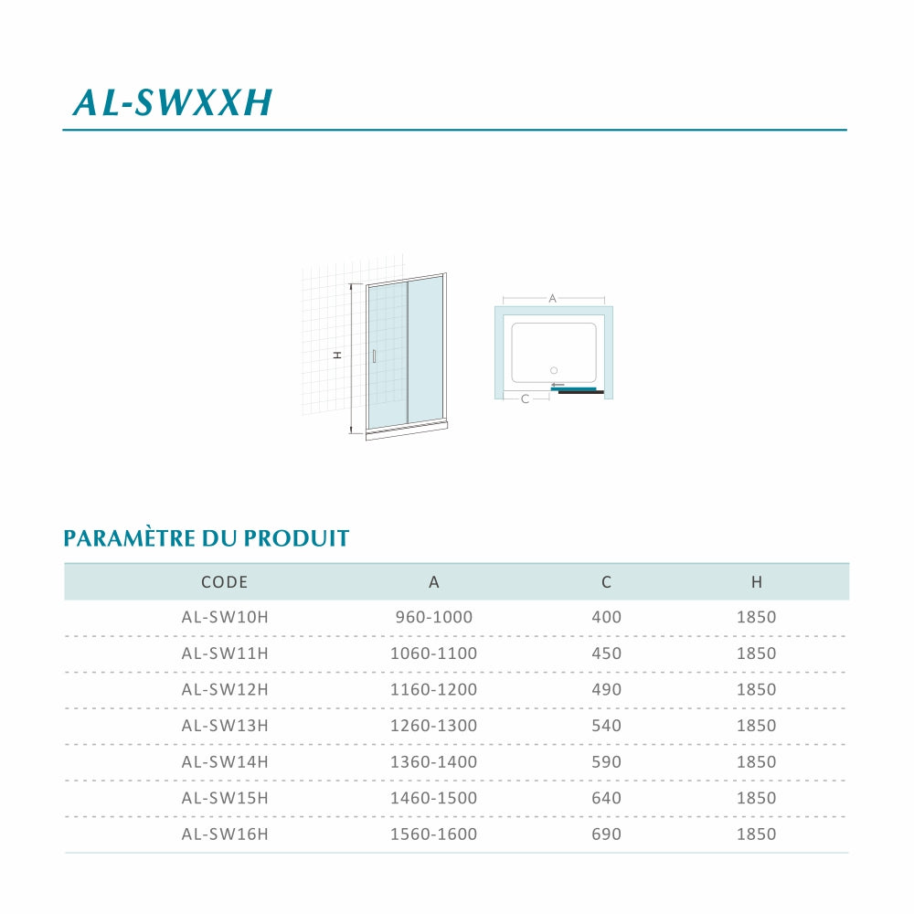 Porte de douche en aluminium et verre 6 mm transparent ouverture coulissante hauteur 185 cm
