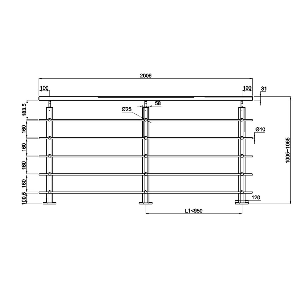 schéma technique garde-corps 2ml recoupable fixation à plat