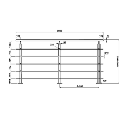 schéma technique garde-corps 2ml recoupable fixation à plat