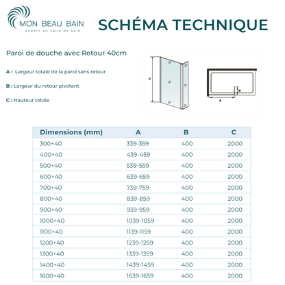 Paroi de douche sérigraphie contemporaine avec volet pivotant - Barre de fixation extensible 73-120cm