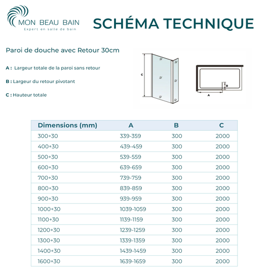 Paroi de douche sérigraphie contemporaine avec volet pivotant - Barre de fixation extensible 73-120cm