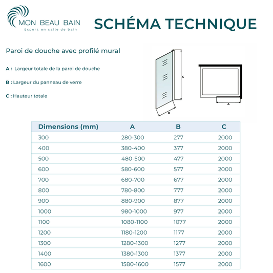 Paroi de douche Italienne sérigraphiée avec profilé mural et barre de fixation extensible 73-120cm en alu