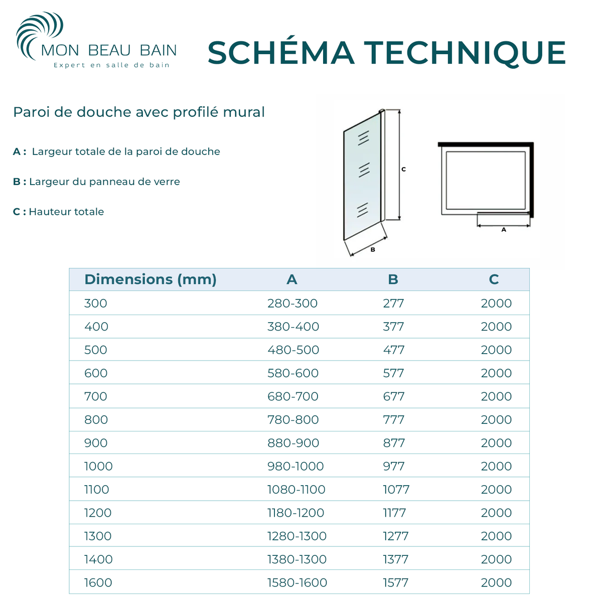 Paroi de douche Italienne sérigraphiée avec profilé mural et barre de fixation extensible 73-120cm en alu noir mat