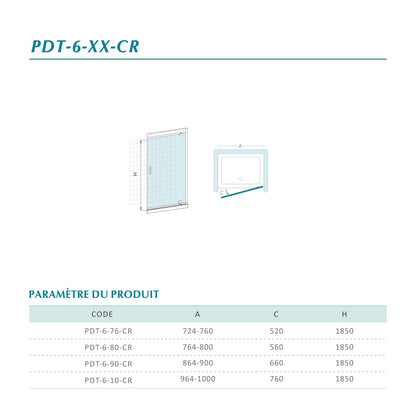 Porte de douche pivotante en verre 6mm avec accessoires en inox hauteur 185 cm