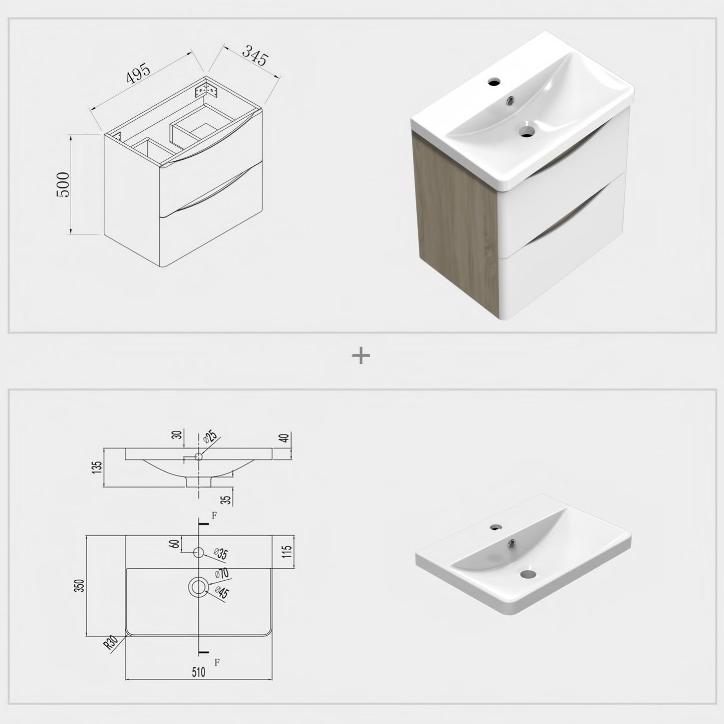 Meuble de salle de bain, avec lavabo, Meuble sous vasque suspendu avec tiroirs de rangement 50cm, Blanc et Bois Clair