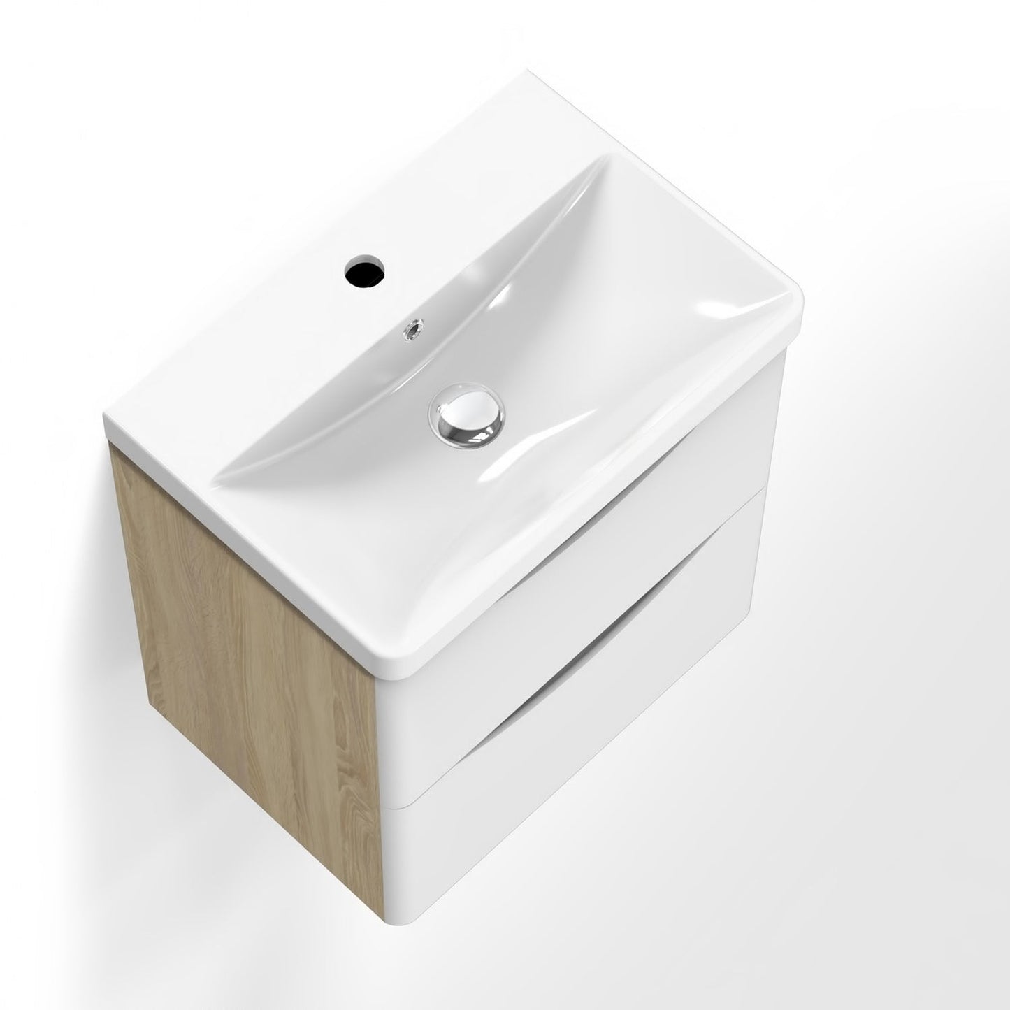 Meuble de salle de bain, avec lavabo, Meuble sous vasque suspendu avec tiroirs de rangement 50cm, Blanc et Bois Clair