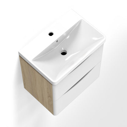 Meuble de salle de bain, avec lavabo, Meuble sous vasque suspendu avec tiroirs de rangement 50cm, Blanc et Bois Clair