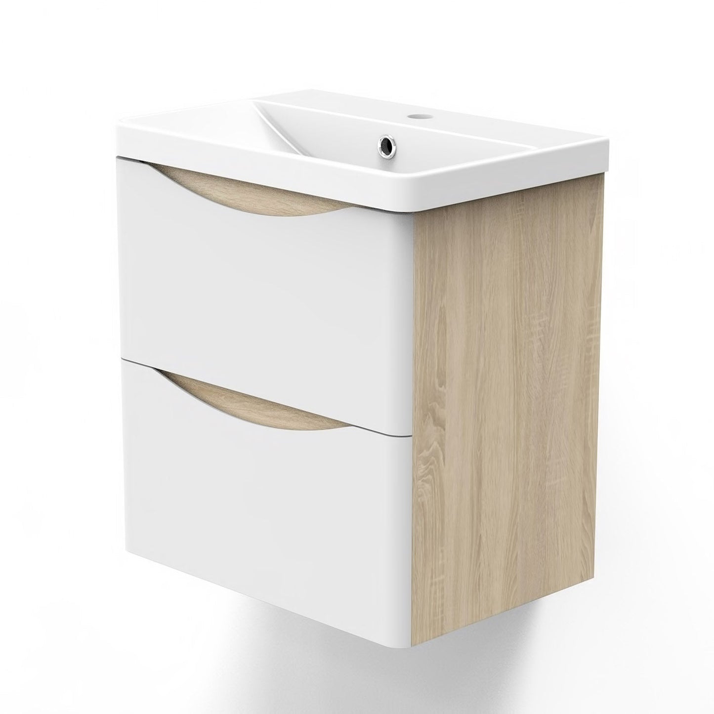 Meuble de salle de bain, avec lavabo, Meuble sous vasque suspendu avec tiroirs de rangement 50cm, Blanc et Bois Clair