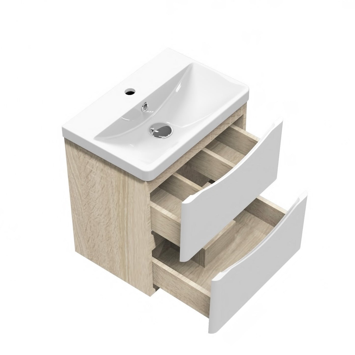 Meuble de salle de bain, avec lavabo, Meuble sous vasque suspendu avec tiroirs de rangement 50cm, Blanc et Bois Clair