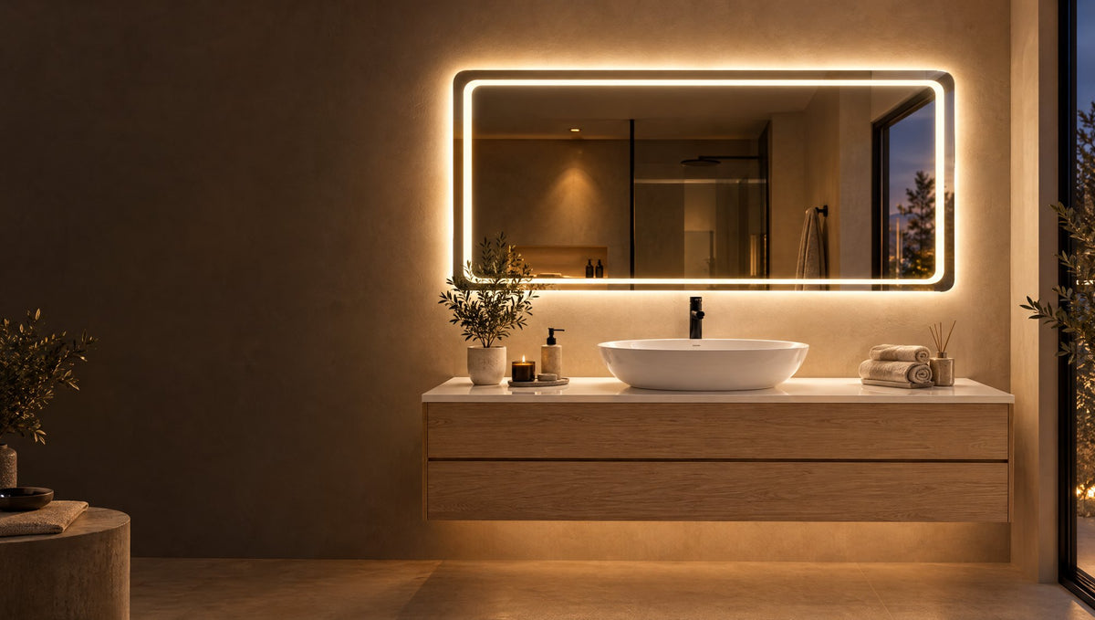 Miroir LED rétroéclairé au-dessus d'un meuble de salle de bain