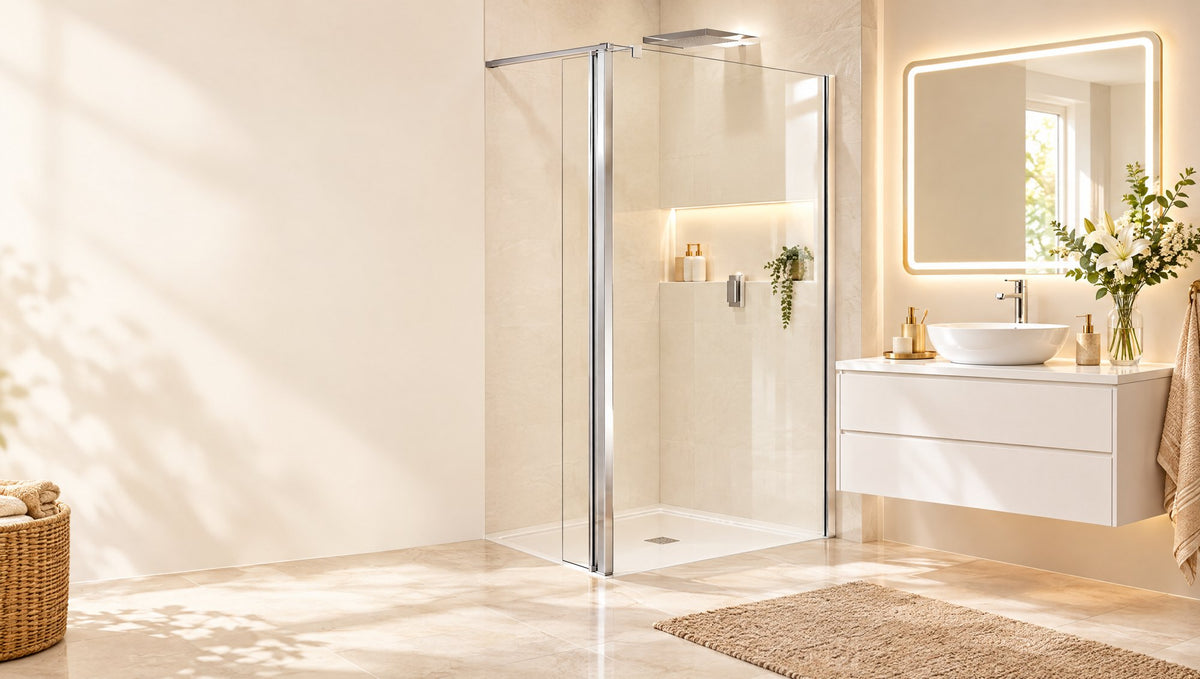 Salle de bain avec paroi de douche et miroir LED