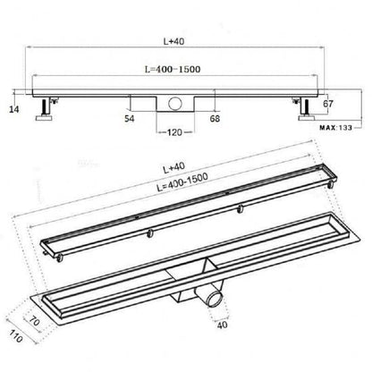 Caniveau de Douche Italienne INOX 40cm à 150cm à carreler avec grille en inox